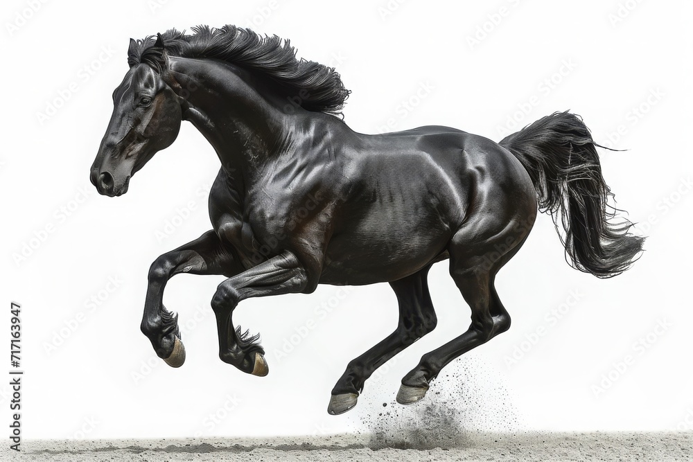 Sleek Silhouette: A Striking Black Horse Captured in Full Sprint Against a Stark White Backdrop, Generative AI Sleek Silhouette: A Striking Black Horse Captured in Full Sprint Against a Stark White Backdrop, Generative AI