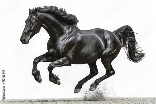 Sleek Silhouette: A Striking Black Horse Captured in Full Sprint Against a Stark White Backdrop, Generative AI