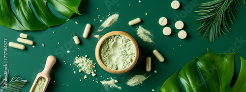 Green vegetable collagen supplement capsules, top view