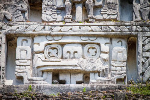 Mayan ruins and stone carvings at the XUNANTINICH (Stone Lady) Mayan Temple in Belize Central America. 