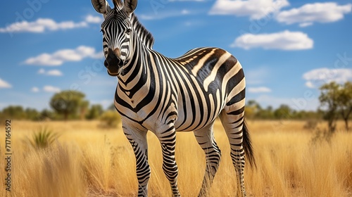 Graceful zebra standing in the vast african savannah with golden grasslands and a vibrant blue sky photo