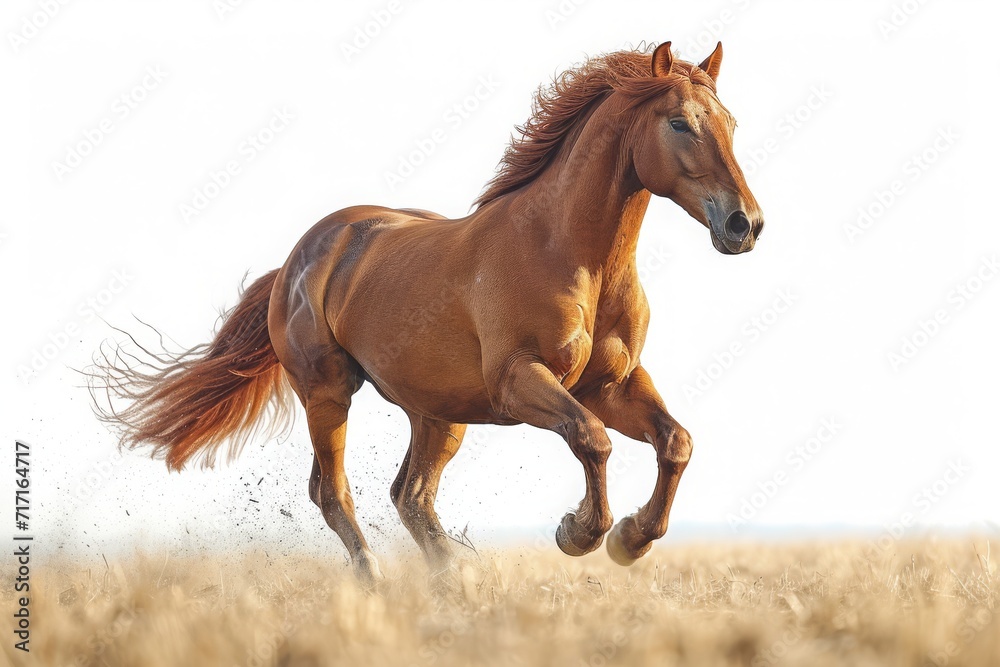 Elegance in Motion: Majestic Brown Horse Galloping Gracefully on a Pristine White Background, Generative AI