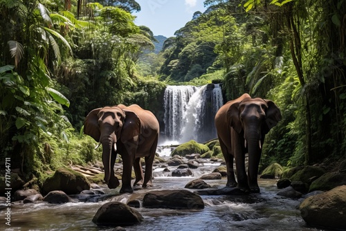 Magnificent view of elephants roaming in lush jungle with majestic waterfall in the background © Игорь Кляхин