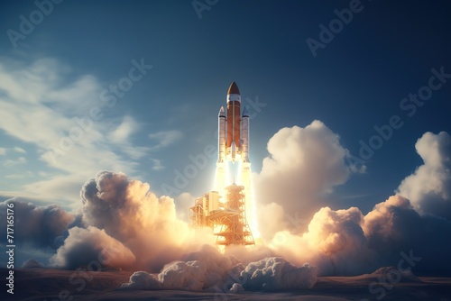 Space rocket taking off into the sky, 3d render, Ai Generated