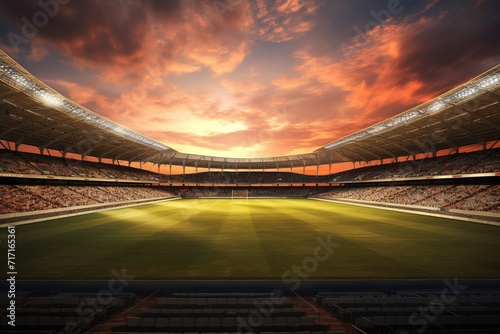 Sunset over a large soccer stadium, 3D Rendering, Ai Generated