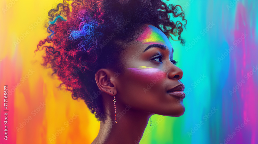Portrait of a dark-skinned lesbian with multi-colored hair on a rainbow background.