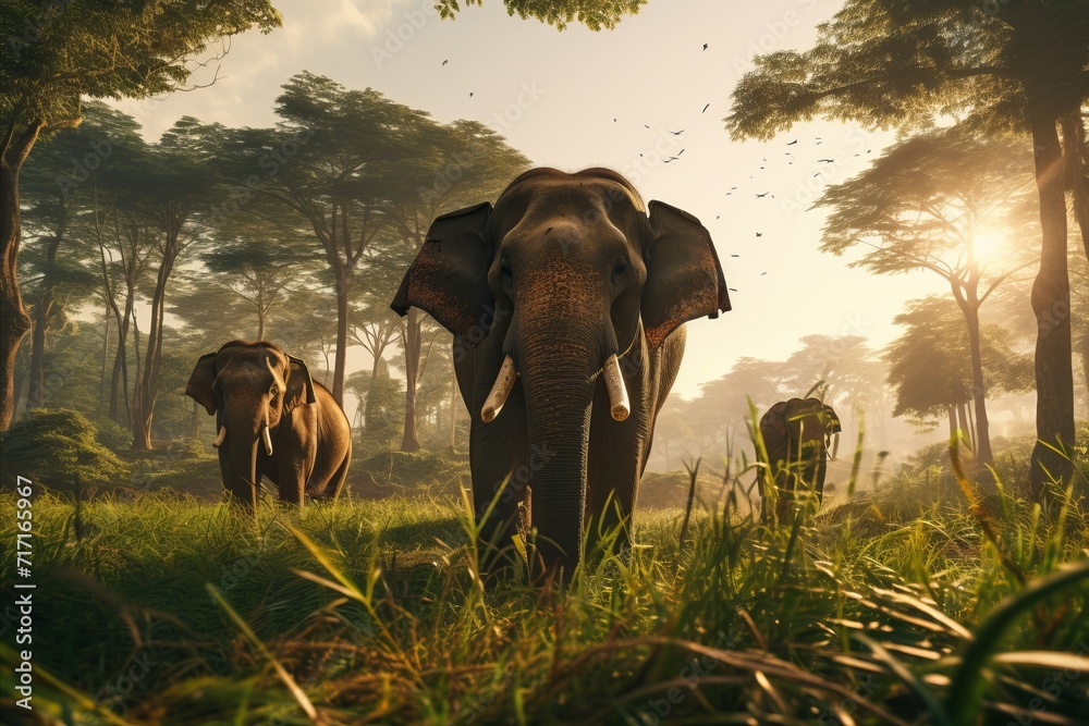 Fototapeta premium Enchanting scene. majestic asian elephants gracefully moving through sunlit green jungle