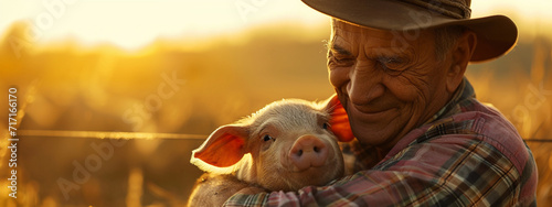 the farmer holds a little pig in his hands. photo