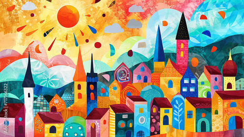 cartoon colored houses in the city in boho style