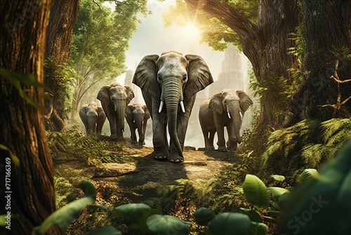 Captivating scene of majestic asian elephants gracefully roaming through a lush green jungle