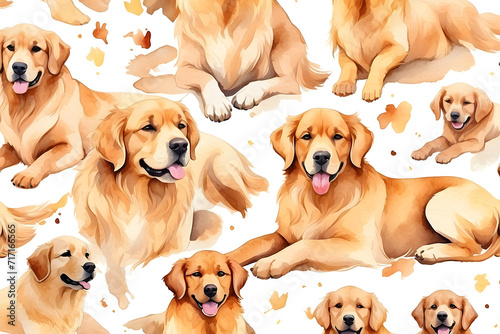 A pattern of watercolor drawings of cute golden retriever dogs, doodle on white background