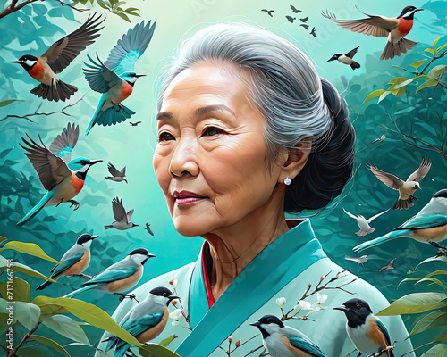 Modern Flat Close-Up Portrait of a Sturdy East Asian Older Woman Surrounded by Nature and Birds Gen AI photo