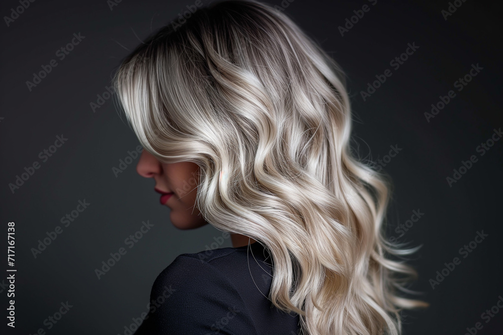 Naklejka premium Model With Platinum Blonde Balayage Hair Color on Black Studio Background