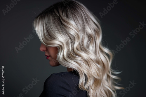 Model With Platinum Blonde Balayage Hair Color on Black Studio Background