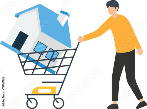 buying a house concept. holding in hand a trolley with a house. vector illustration flat design. the customer gives money to sell home. Loan for property. Trading Agreement.
