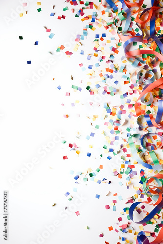 Colorful confetti and streamers against a white background.