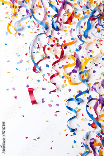 Colorful confetti and streamers on a white background, celebration concept.