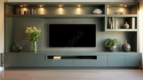A modular wall in the living room for convenient placement of a TV and music center. Gray-green cabinets with lighting