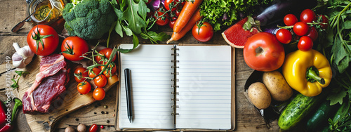 diet concept, weight loss plan notebook with vegetables top view mockup © Артур Комис