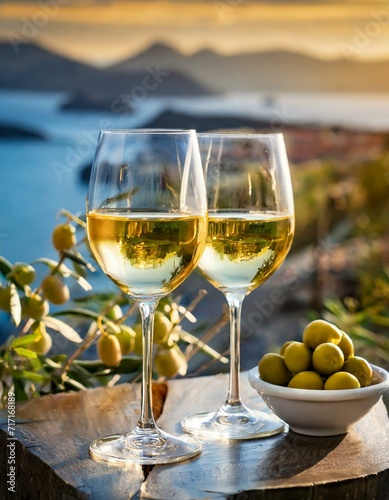 glasses of white wine and olives