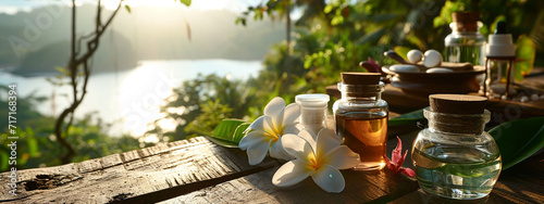 spa skin care product on wooden table with flower