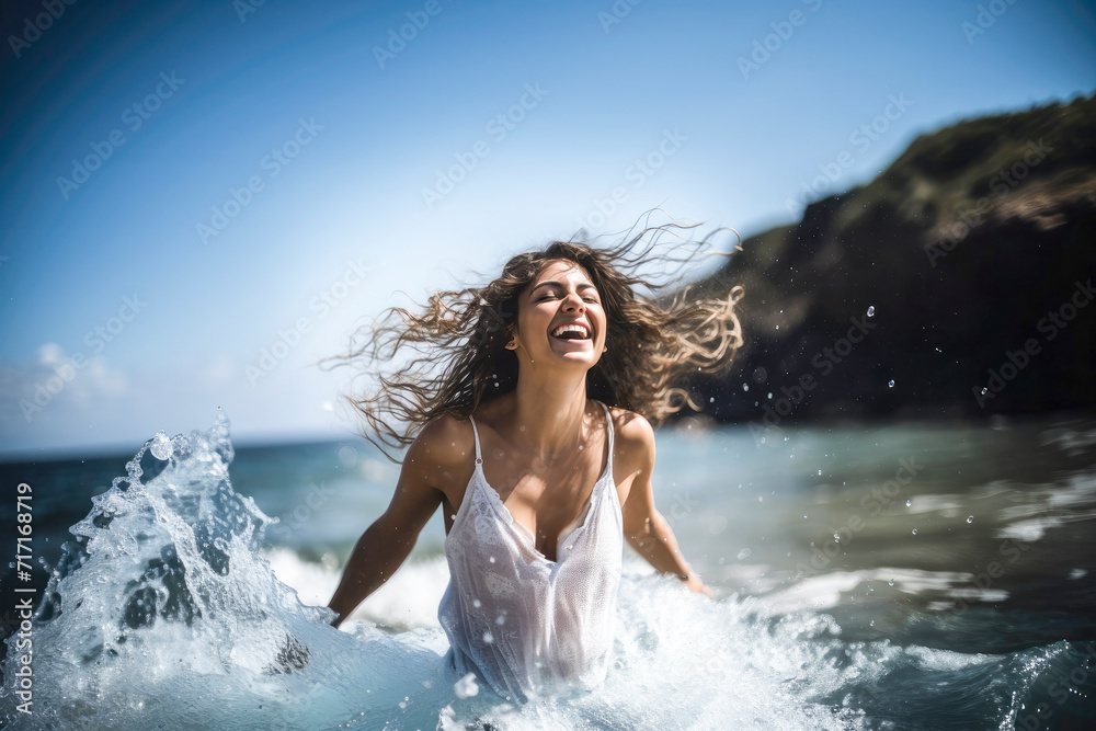 Woman dancing in the sea, summertime, vacations destination, Woman dancing in the sea, summertime, vacations destination,
