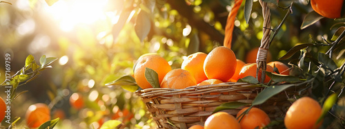 a basket of ripe oranges in the garden photo