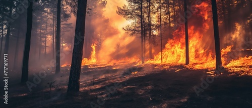 Forest fire with trees on fire.