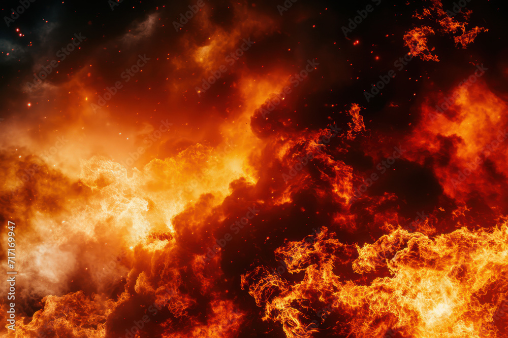 Fire in the night sky. Explosion. Black red orange yellow sky. Blaze, flame. Background with space for design. Wide. Panoramic. Website header
