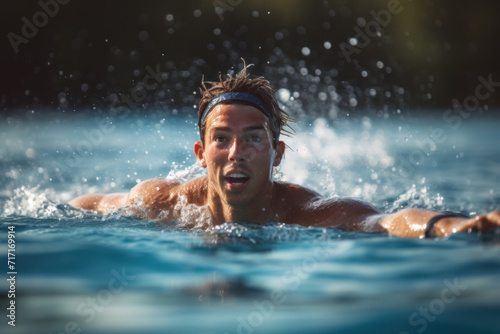Intense Male Swimmer Mid-Stroke in Sunlit Pool © Anna