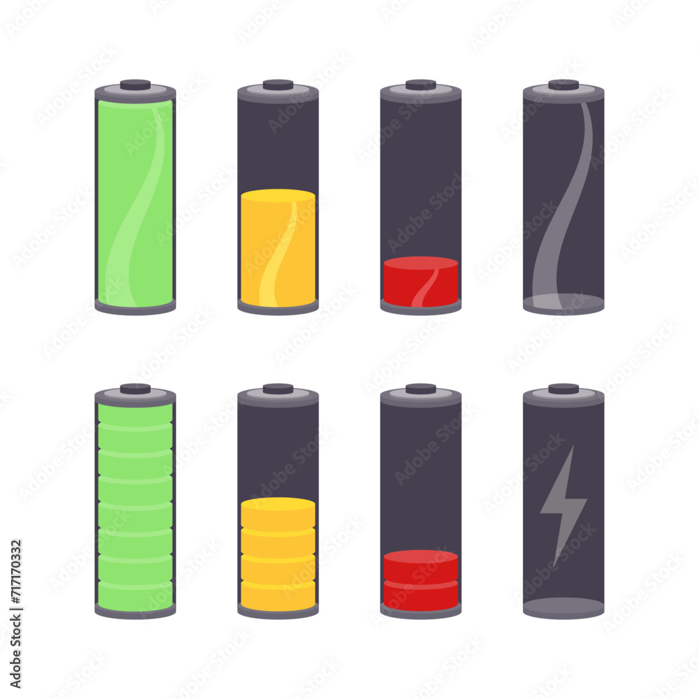 Batteries at different stages of charging vector graphic icon set