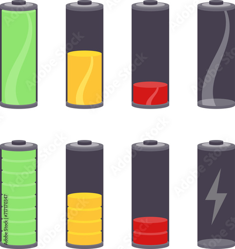 Batteries at different stages of charging graphic icon set