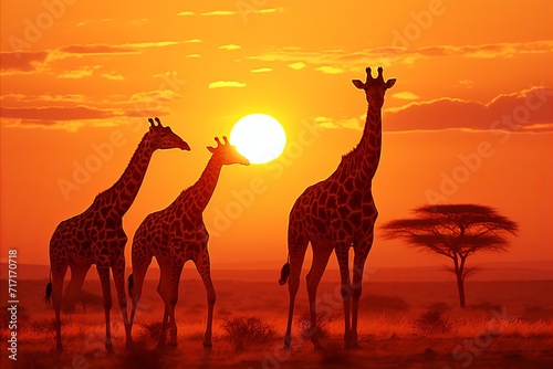 Awe-inspiring african sunset. giraffes roaming the savannah  bathed in a golden glow