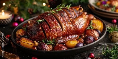 Danish Roast Duck Perfection. Dive into the Symphony of Crispy Skin and Succulent Meat. Picture the Culinary Perfection in a Classic Setting with Soft Lighting