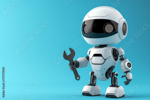 Cute robot holding repair wrench on plain blue background with copy space. Fixing technical problem.