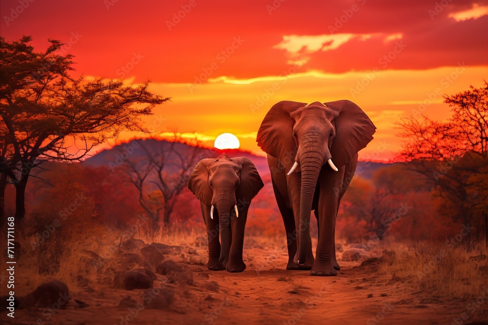 Stunning african sunset. majestic elephants gracefully roaming the golden savannah