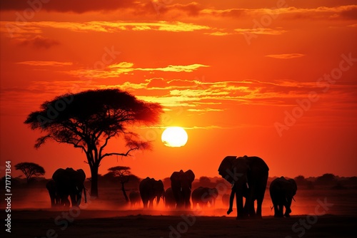 Serene african majesty. elephants gracefully roaming the golden savannah in enchanting sunset glow