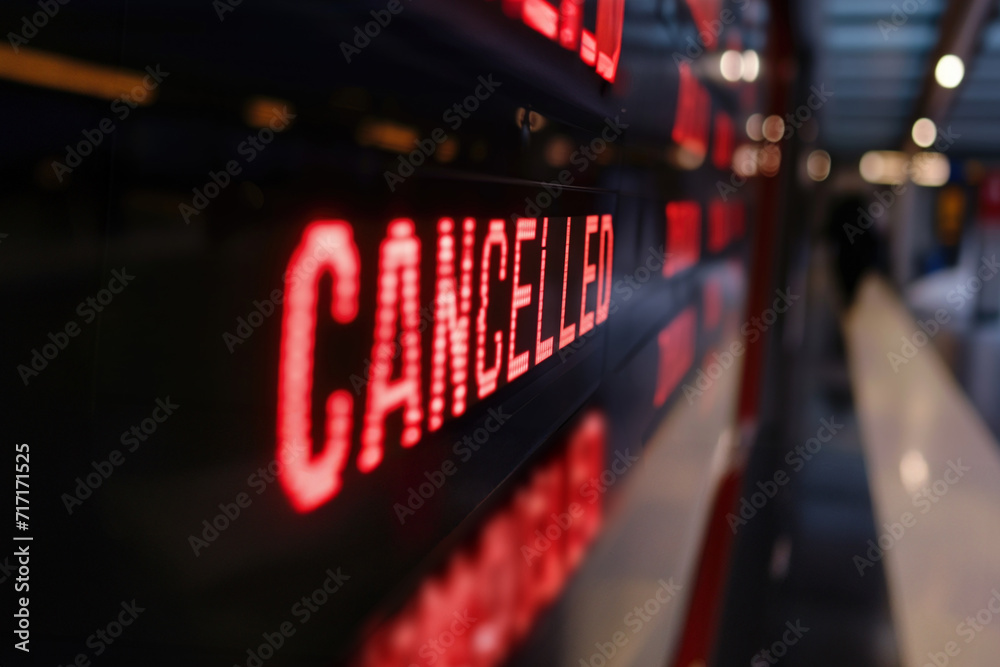 Flights canceled or delayed on information board in an airport - obrazy, fototapety, plakaty 