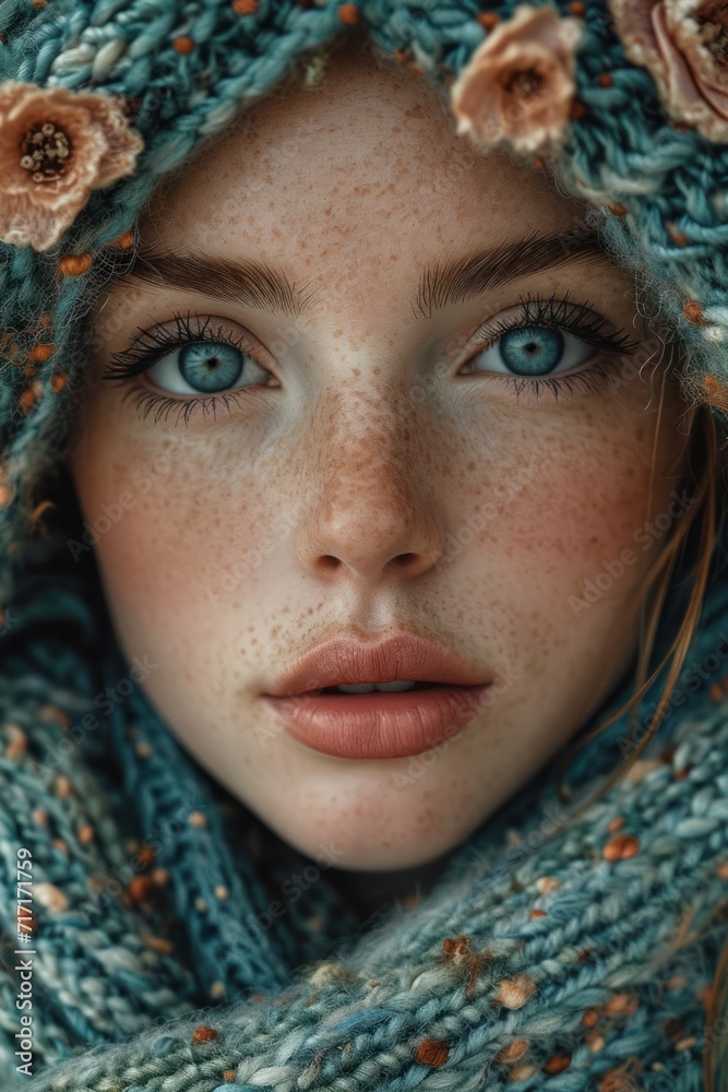 Portrait of a girl in a knitted hat and scarf. The model has blue eyes and freckles on her face, and her lips are light pink. Portrait of a girl in a knitted hat and scarf. The model has blue eyes and freckles on her face, and her lips are light pink.