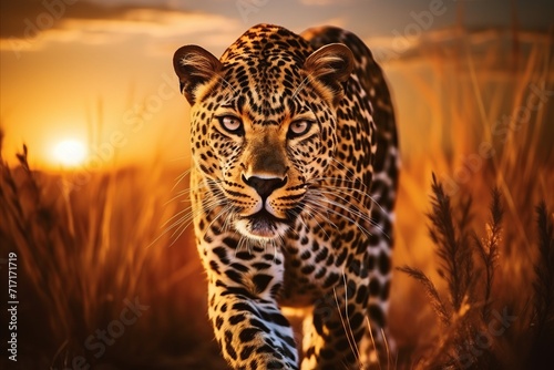 Captivating image of a leopard roaming through the golden african savannah at enchanting sunset © Игорь Кляхин