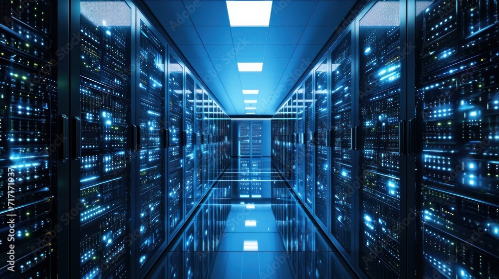 Abstract of modern high tech internet data center room with rows of racks with network and server hardware Abstract of modern high tech internet data center room with rows of racks with network and server hardware