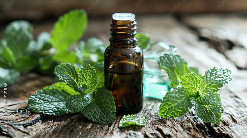 essential oil extract of peppermint oil on a wooden background - obrazy, fototapety, plakaty 