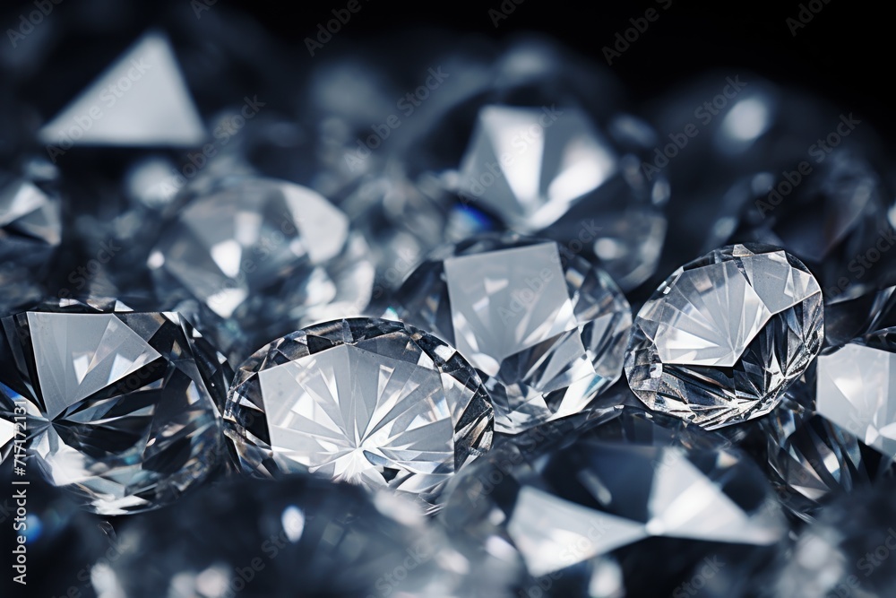 Shiny diamonds on black background, closeup. Jewelry background.Diamond. Beautiful Diamond Texture. Gem. Gemstone. Background With a Copy Space. Brilliant. 