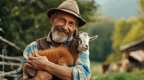 happy farmer with a little kitten in his hands on the background of the farm photo