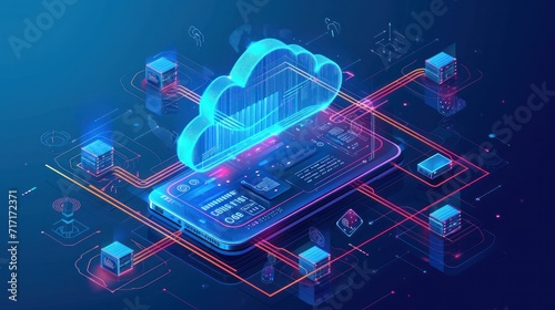 Cloud storage for downloading an isometric. A digital service or application with data transmission. Network computing technologies. Futuristic Server. Digital space. Data storage. Vector illustration photo