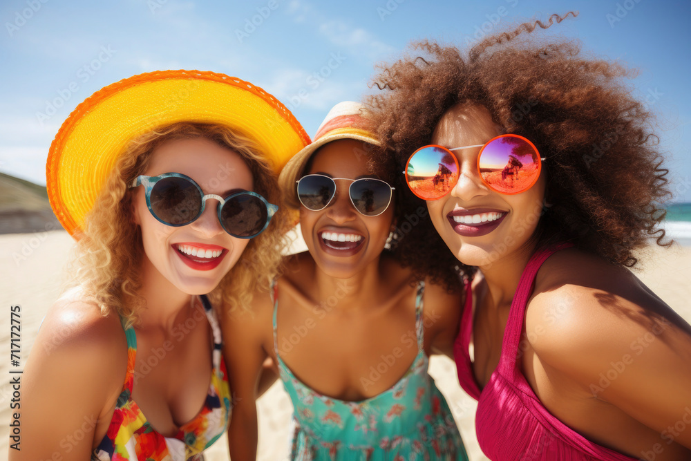 group of friends smiling and taking selfie at the beach on summer vacation group of friends smiling and taking selfie at the beach on summer vacation