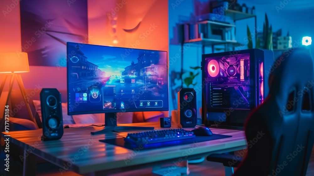 Gaming computer on desk in video gamer room with neon lights. Gaming PC monitor with abstract interface of computer game. Workstation of gaming streamer on table. Work station with neon cooler. Esport - obrazy, fototapety, plakaty 