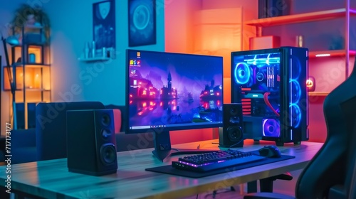 Gaming computer on desk in video gamer room with neon lights. Gaming PC monitor with abstract interface of computer game. Workstation of gaming streamer on table. Work station with neon cooler. Esport photo