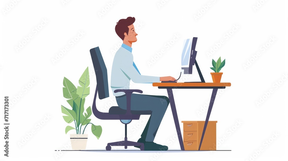 Instruction for correct pose during office work flat vector illustration. Cartoon worker sitting at desk with right posture for healthy back and looking at computer. Health and ergonomics concept Instruction for correct pose during office work flat vector illustration. Cartoon worker sitting at desk with right posture for healthy back and looking at computer. Health and ergonomics concept