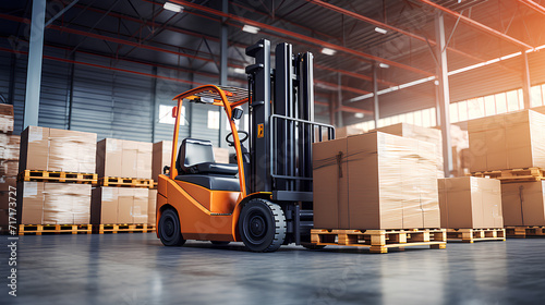 Forklift in the big warehouse. Concept of warehouse.Warehouse concept. Forklift in a large warehouse on a blurred background.